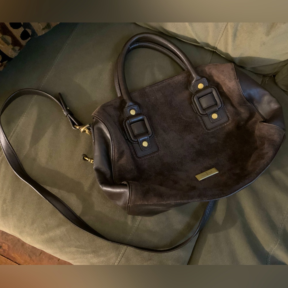 COLE HAAN Brown Suede & Leather Top Handle Quality BAG Large Crossbody Strap